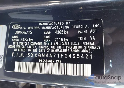 2015 Kia Optima Lx z USA, uszkodzony, nr VIN 5XXGM4A71FG495421